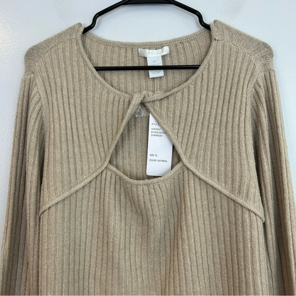 NWT Design History Oatmeal Brown Twist Cut Out Pullover Ribbed Sweater Size XL
